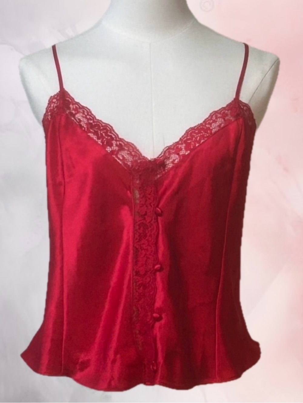 Vintage Victoria’s Secret Gold Label Red Satin & Lace Button Front Camisole Cami